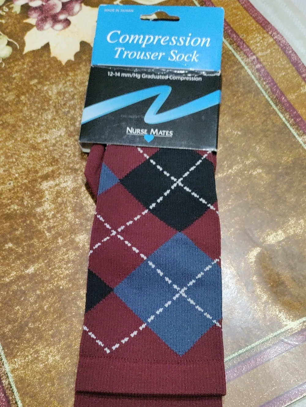 Nurse Mates Men's Burgundy Argyle Compression Socks with Blue and Black Accents